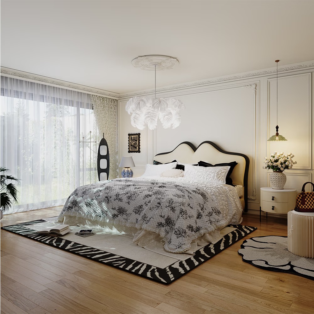 Upholstered bed with curved headboard and leather covering - Image 2