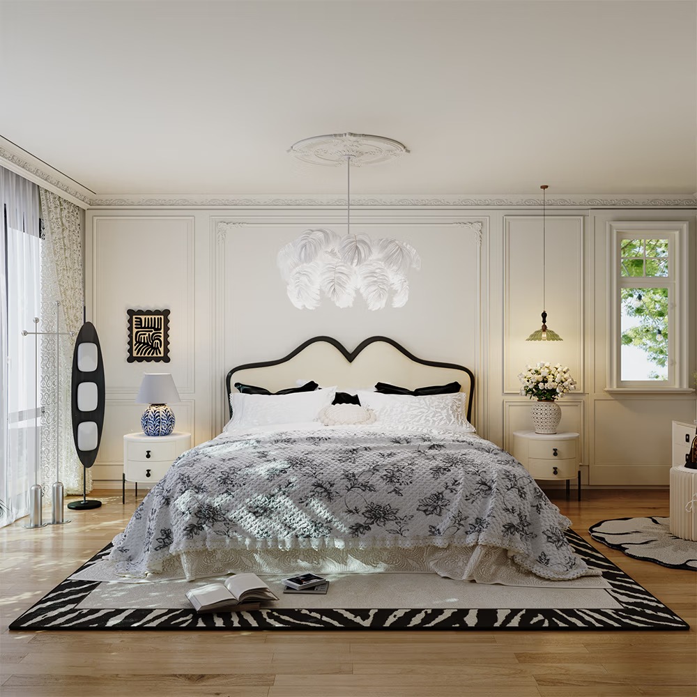 Upholstered bed with curved headboard and leather covering - Image 4
