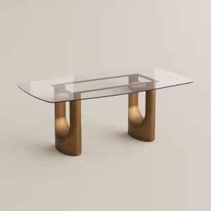 Glass dining table with carbon steel base seats six