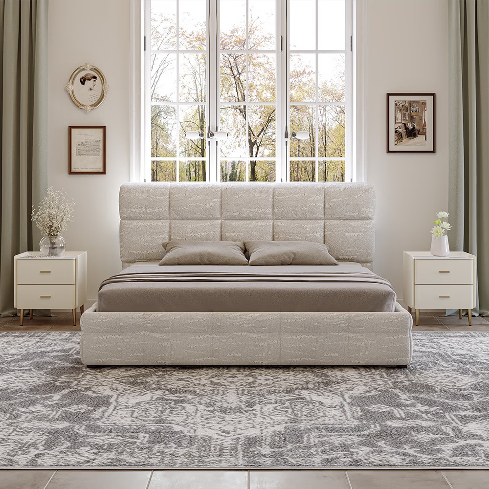 Upholstered bed with textured surface and fabric covering - Image 7