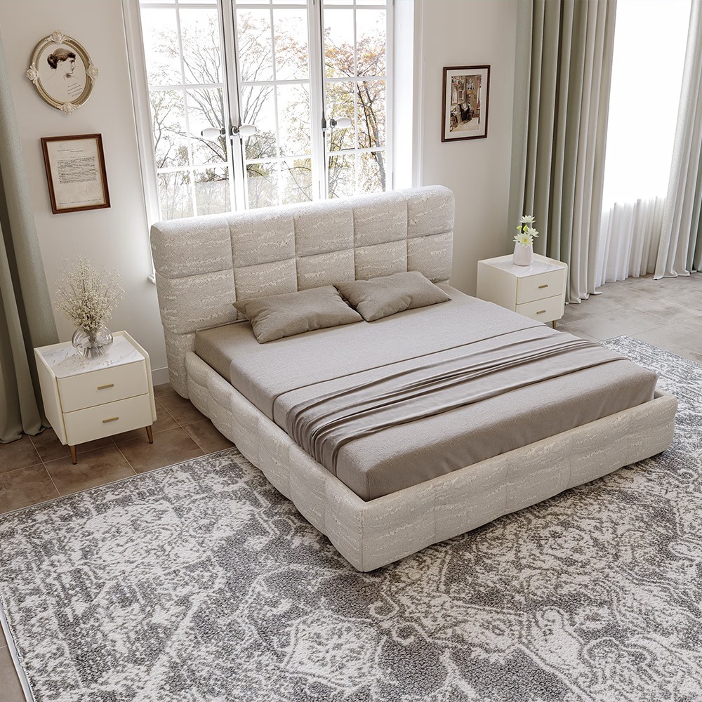 Upholstered bed with textured surface and fabric covering - Image 4