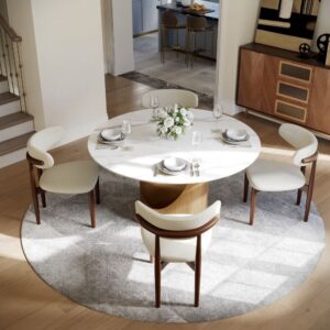 Alternative view of Round sintered stone dining table with glossy top and steel base