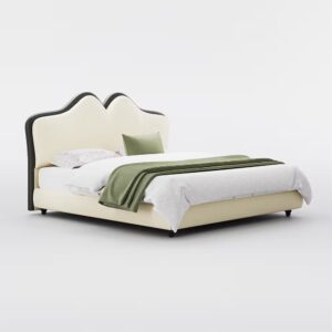 Upholstered bed with curved headboard and leather covering