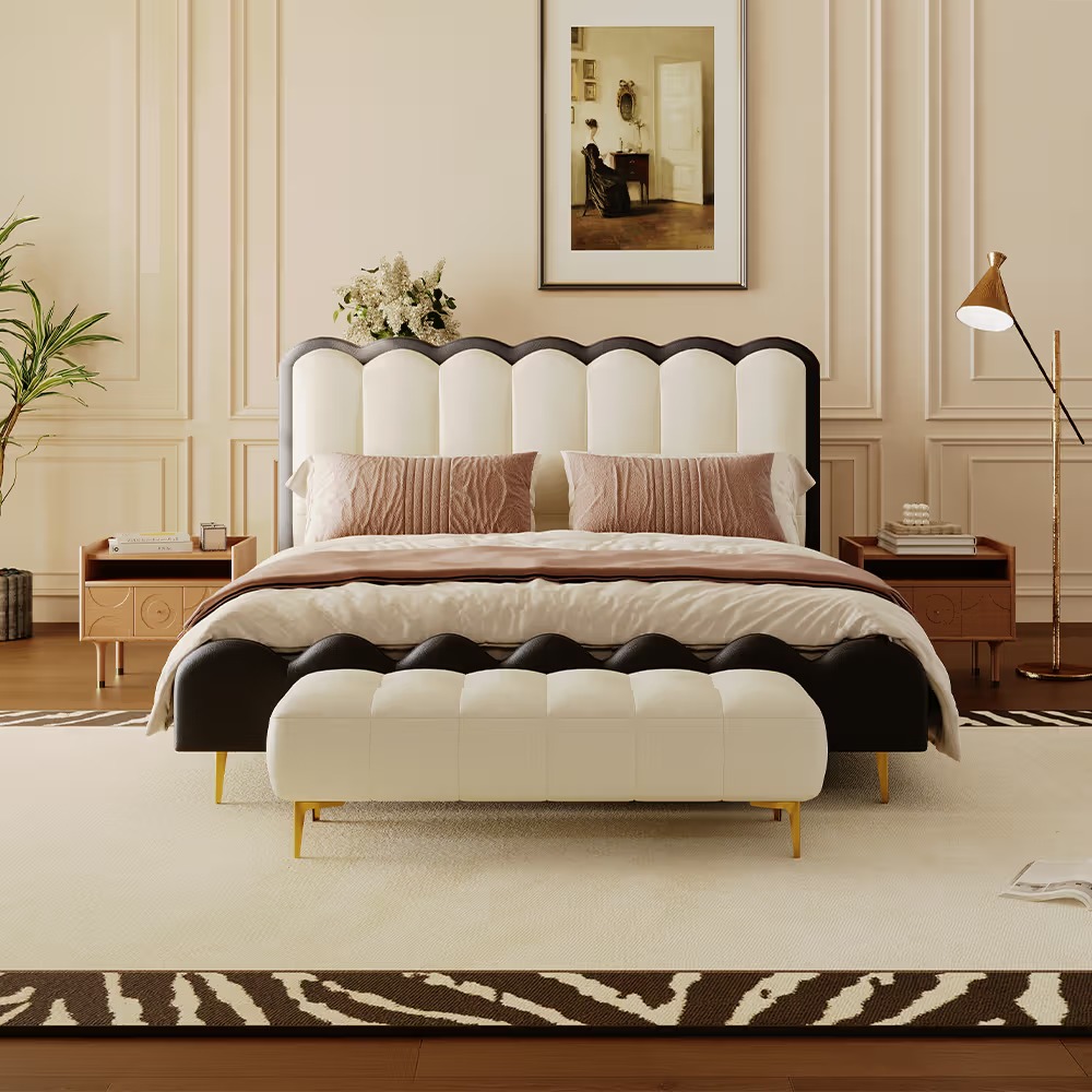 Curved upholstered bed with leather covering and structured frame - Image 4
