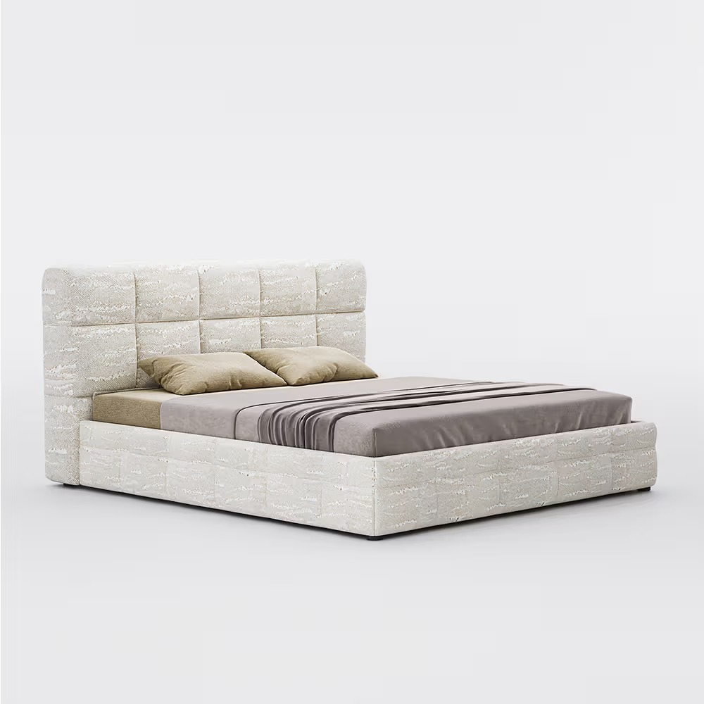 Upholstered bed with textured surface and fabric covering