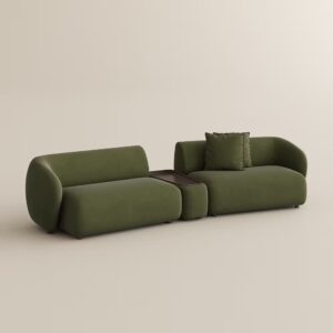 Curved sofa with deep seating and integrated side table