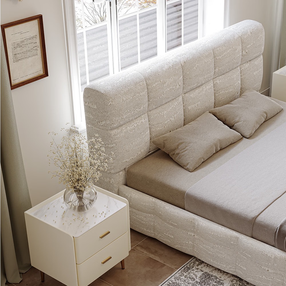 Upholstered bed with textured surface and fabric covering - Image 5