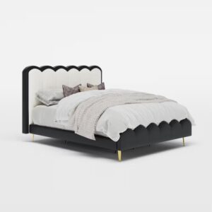Curved upholstered bed with leather covering and structured frame