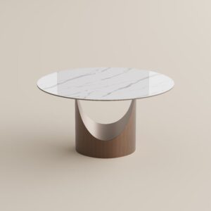 Round sintered stone dining table with glossy top and steel base