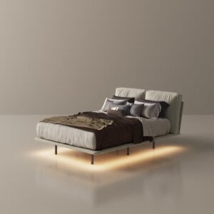 Upholstered bed with integrated lighting and linen fabric