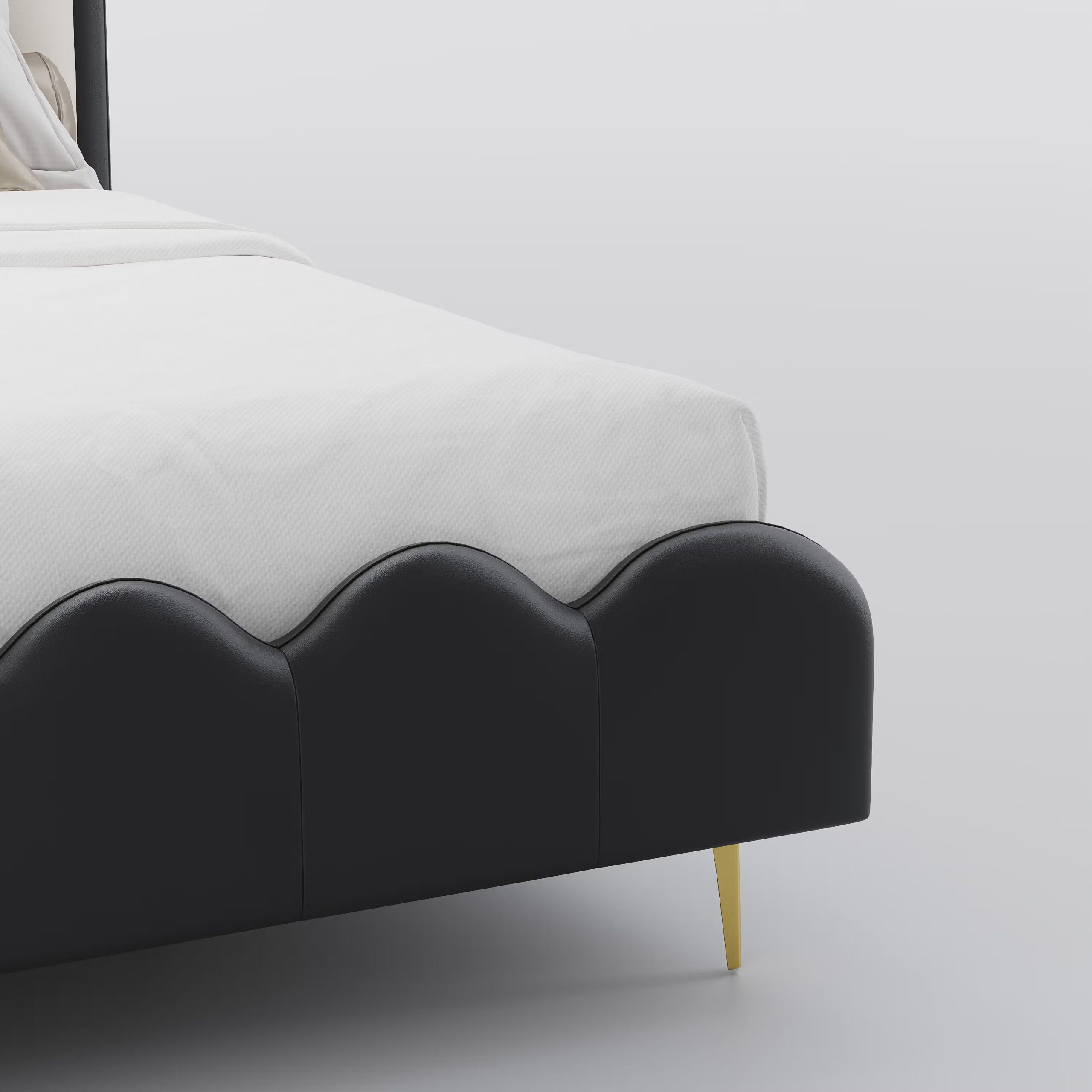 Curved upholstered bed with leather covering and structured frame - Image 5